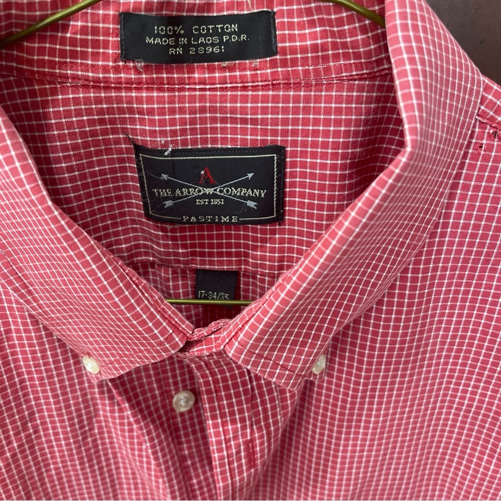 THE ARROW COMPANY PASTIME Red Check Button-Down Men's Shirt 17/34-35 EUC NICE!!